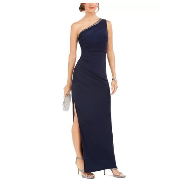 Adrianna Papell Size 12 Navy Blue EMBELLISHED One Shoulder Jersey Gown Dress NWT - Picture 1 of 12